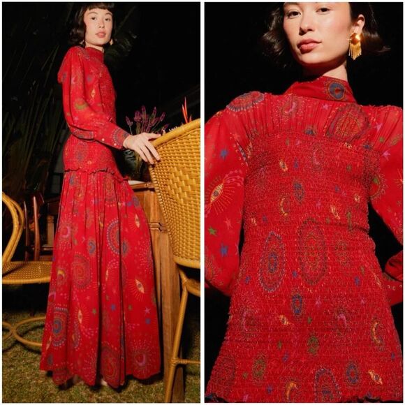 Farm Rio Red Mystic Starburst Maxi Dress XS Long Sleeve Smocked Boho Festival - Picture 1 of 16